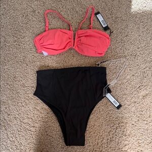 Ta3 Coral and Black Bikini Set